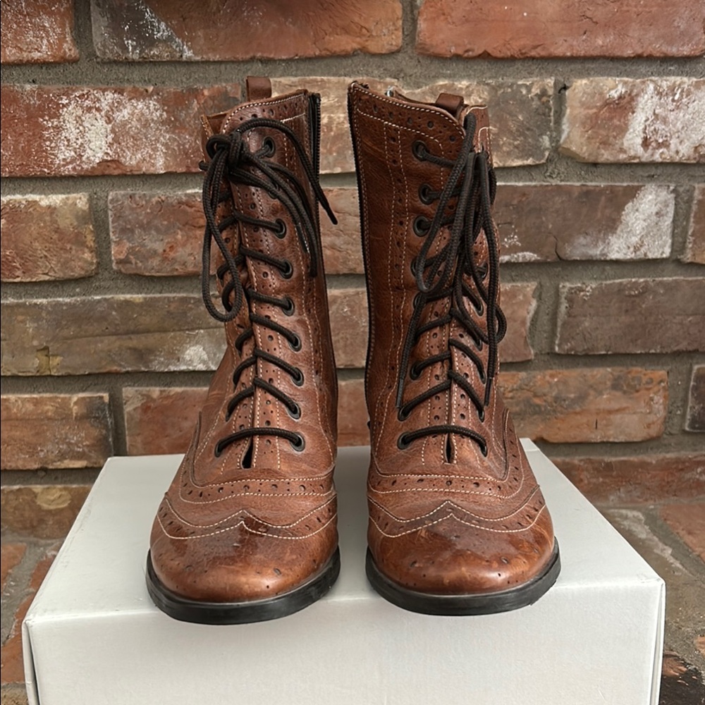Brown Lace-Up Boots with Brogue Design